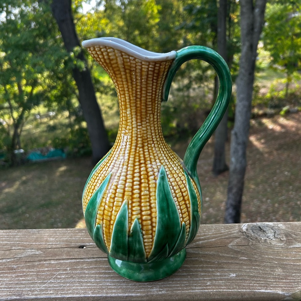Vintage 19c. Majolica Corn and Leaf Ceramic Pitcher